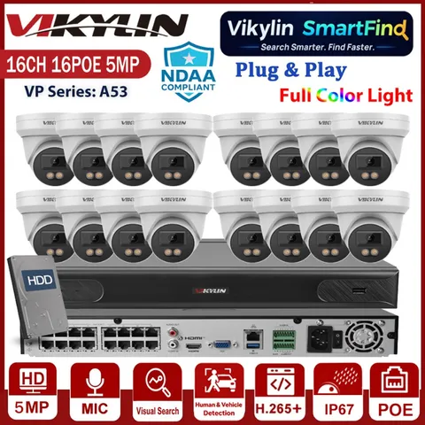 Vikylin Smartfind 16CH 16CH NVR Systems Full Color 5MP POE IP Camera Audio Lot