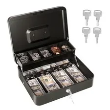 Cash Box with Money Tray and Lock, Metal Money Box for Cash Black with 4 Keys