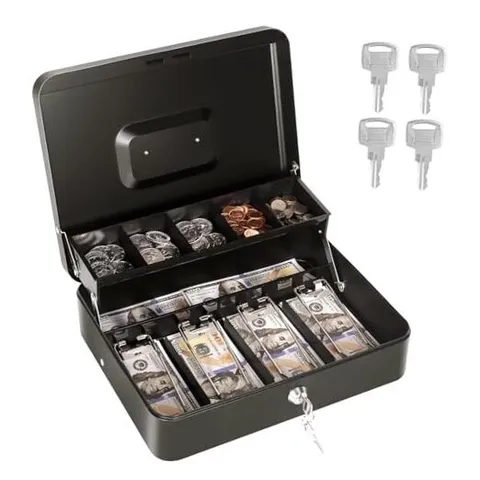 Cash Box with Money Tray and Lock, Metal Money Box for Cash Black with 4 Keys