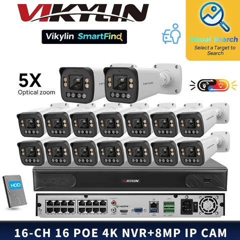 VIKYLIN SmartFind 16POE 16CH NVR System Color+IR 5×ZOOM 8MP PTZ 4K IP Camera Lot