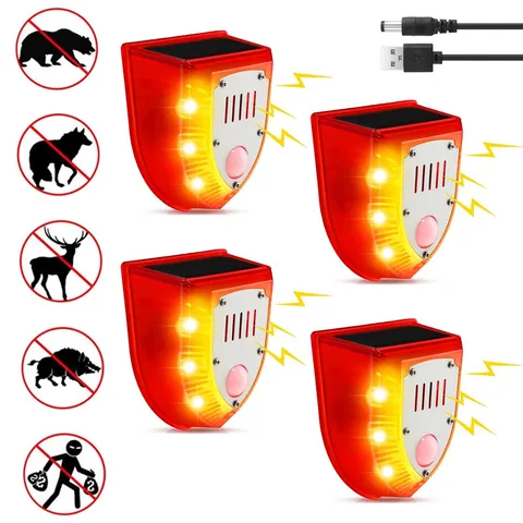 4 x Solar-Powered Outdoor Motion Sensor Alarm 129dB Dog Barking & Gunshot Sounds