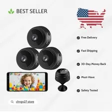 Compact 3 Pack Mini Security Cameras - Night Vision  Surveillance for Home Use