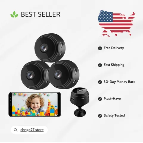 Compact 3 Pack Mini Security Cameras - Night Vision  Surveillance for Home Use