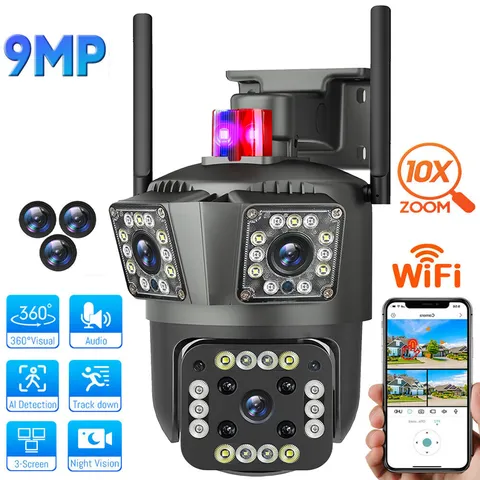 4K HD Camara De Seguridad 3 Lens Wifi Para Casa Exterior Con Vision Nocturna US