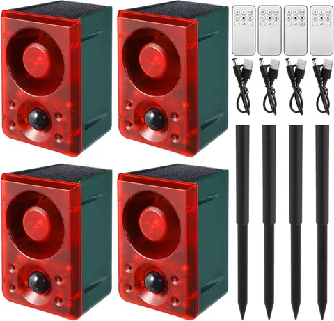 4 Pcs Solar Motion Sensor Alarm with Dog Barking & Gunshot Sounds, USB Charge