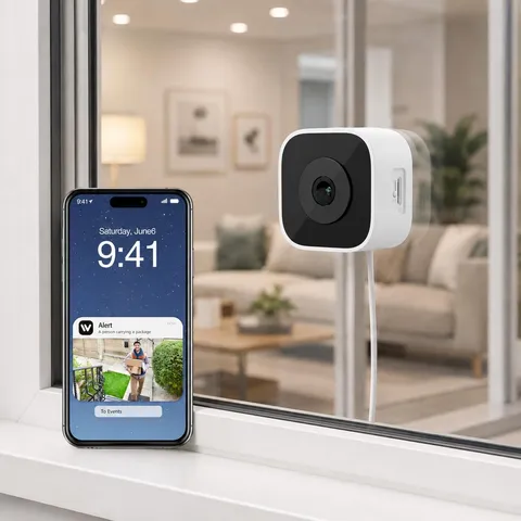 NyteElf 3MP Window Security Camera, Through Glass Indoor 2.4GHz 1 Pack, white