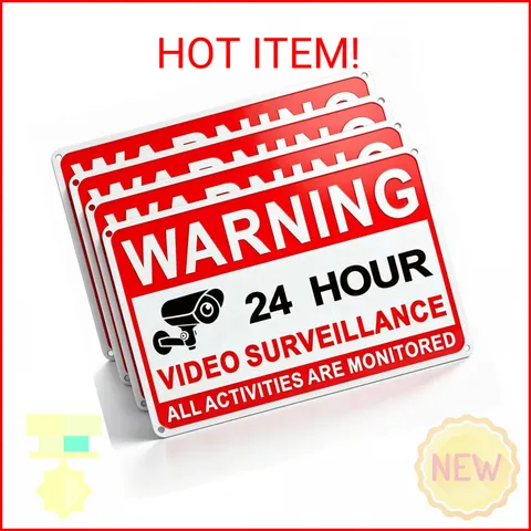 4 Pack Video Surveillance Signs, 8 x 12 Inch Aluminum Camera Signs, CCTV Securit