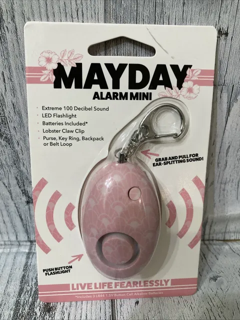 NEW MayDay Mini Alarm Personal Siren Safety 100 Decibels LED Keyring Pink