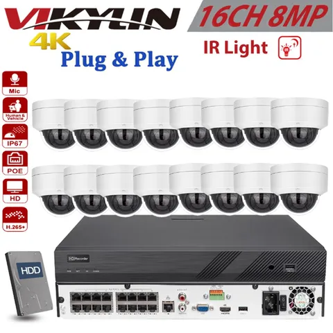 Vikylin 16CH 16POE NVR Kit 4K 8MP IR Dome CCTV IP Camera PoE with MIC H.265+ Lot