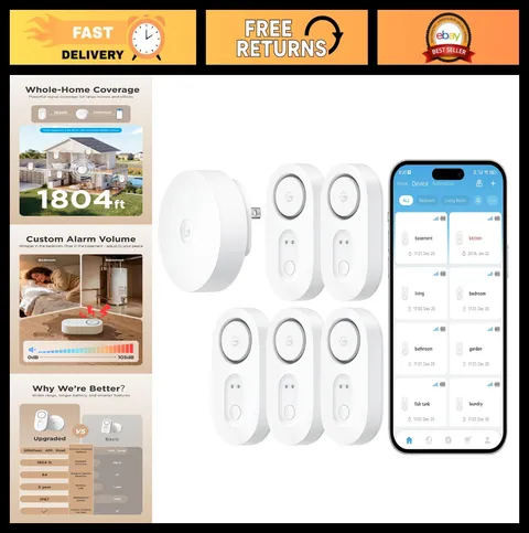 Smart Water Leak Detector 5 Pack - WiFi Sensor with Alarm, 1804ft Range, 5-Year