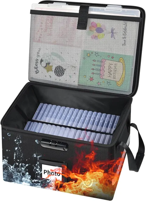 Fireproof Photo Storage Box with Lock, Holds 36 Inner 4"X6" and 3 Large 8"X12" P