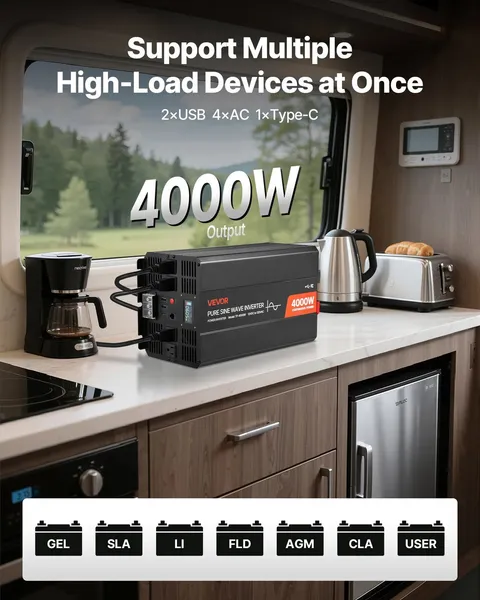 4000W Power Inverter, 12V DC to 120V AC Pure Sine Wave Inverter, Solar Car Charg