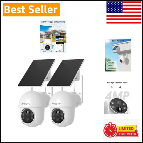 4MP Solar-Powered Wireless Outdoor Camera with 360° View & Night Vision - 2 Pack