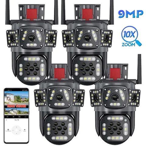 9MP Camara De Seguridad Wifi  3 Lens Para Exterior Con Vision Nocturna y Audio