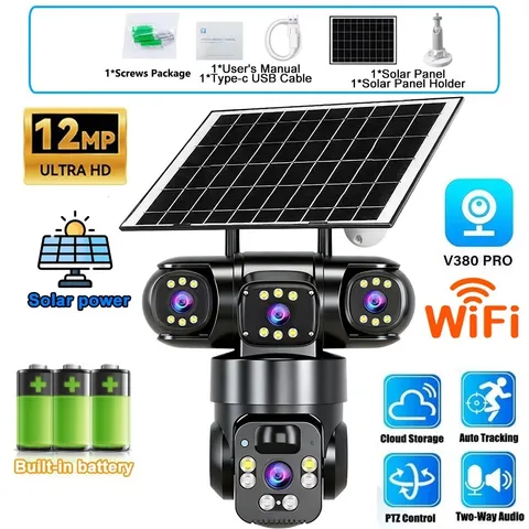 3 Lens 12MP Solar Battery Home Security Camera Outdoor Wifi Wireless PTZ CCTV US