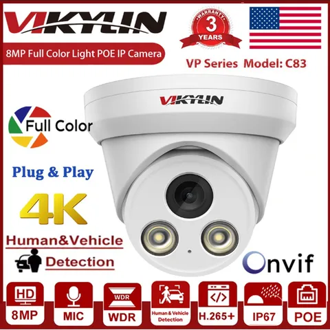 Vikylin 4K 8MP Security POE IP Camera Full Color Night Vision Outdoor Audio NDAA