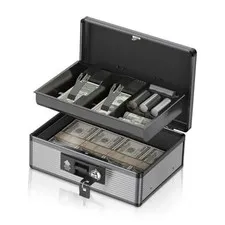 Locking Cash Box with Money Tray and Key, Secure Money Safe Box for Large Black