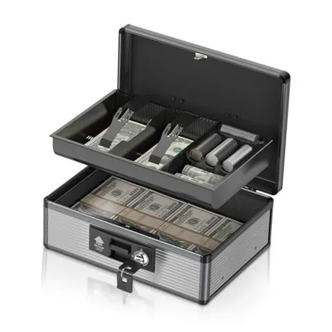 Locking Cash Box with Money Tray and Key, Secure Money Safe Box for Large Black