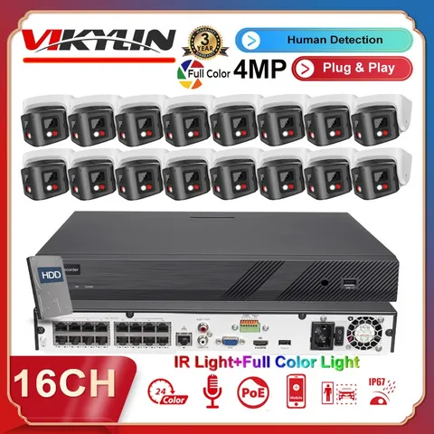 Vikylin 16ch 4MP Camera CCTV System 170° Dual Lens Full Color IR 4k POE NVR Lot