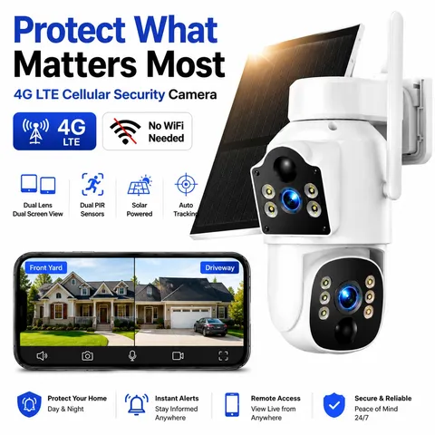 4G LTE Outdoor Camera Solar Dual Lens PTZ 360° 2K Security Farm with US SIM Card