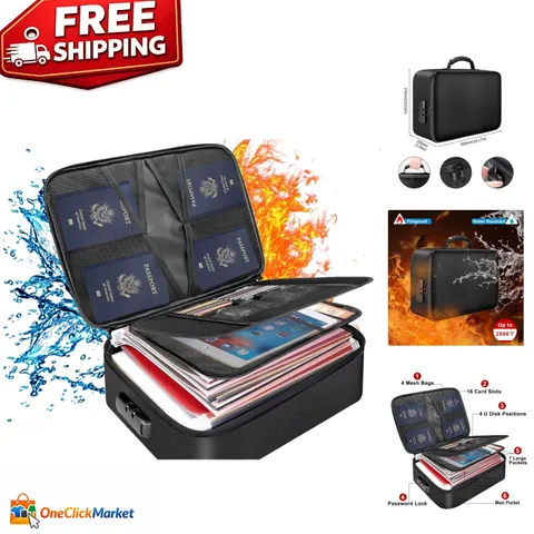 Elegant Black Fireproof Document Bag with 22 Compartments for Efficient Storage