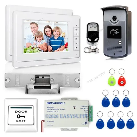 7" Video Door Phone Kit 1V2 + Strike Lock + Remote + Exit Button + Keyfobs + PSU