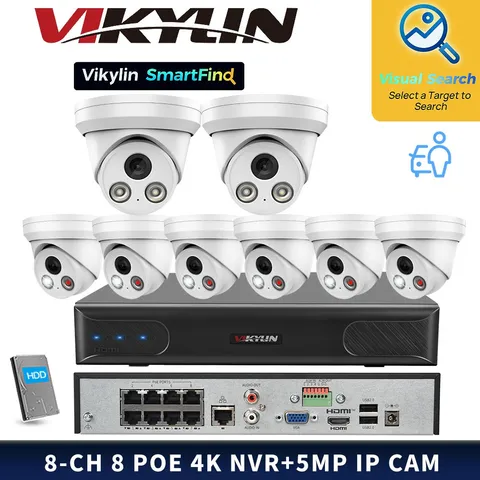 VIKYLIN SmartFind 8POE 8CH NVR MIC Dual light Color+IR 5MP IP Camera Systems Lot
