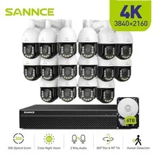 SANNCE 16CH 8MP NVR 4K Two Way Audio PTZ PoE Security Camera System 20X Zoom AI