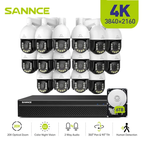 SANNCE 16CH 8MP NVR 4K Two Way Audio PTZ PoE Security Camera System 20X Zoom AI