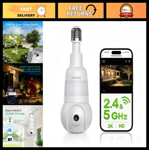 2K WiFi Light Bulb Security Camera, 3MP, Full-Color Night Vision, Alexa Compatib