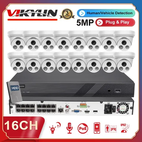 Vikylin 16CH CCTV System 5MP IP Camera Indoor Outdoor Audio IR 4k 16POE NVR Lot