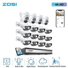 ZOSI 8MP 4K Outdoor PoE Security Camera System Audio for Home 24/7 Recording