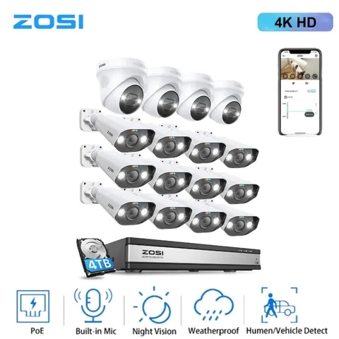 ZOSI 8MP 4K Outdoor PoE Security Camera System Audio for Home 24/7 Recording