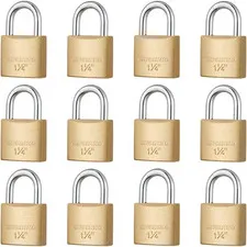 12Pack Small Solid Brass Locks Keyed Alike，1-1/4” (30Mm) Wide Lock Body, 1/5” Sh