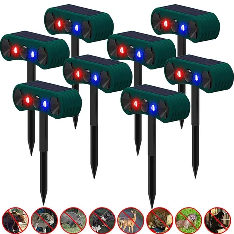 8PCS Solar Outdoor Motion Sensor Alarm 2*130db Ultrasonic Siren 4 Modes Flashing