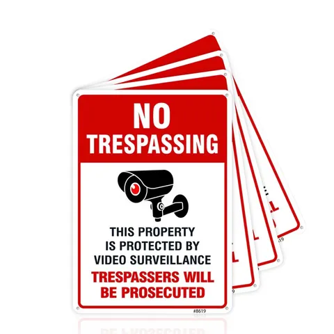 Video Surveillance & No Trespassing Sign Set - 4 Pack, Red & White Aluminum