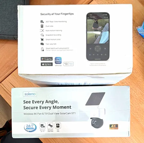 Safemo ST1 4K Wireless Solar Security Camera Dual View Pan Tilt New Sealed.