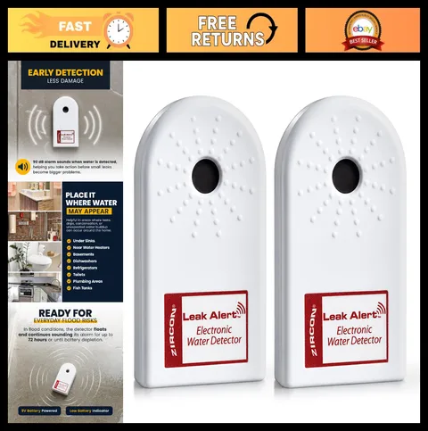 Water Leak Detector & Flood Sensor Alarm - Dual 90dB Audio, Battery Powered, 2 P