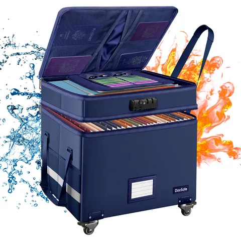 File Box with Lock, 2-Layer Fireproof Document Box with Wheels,Collapsible Fi...