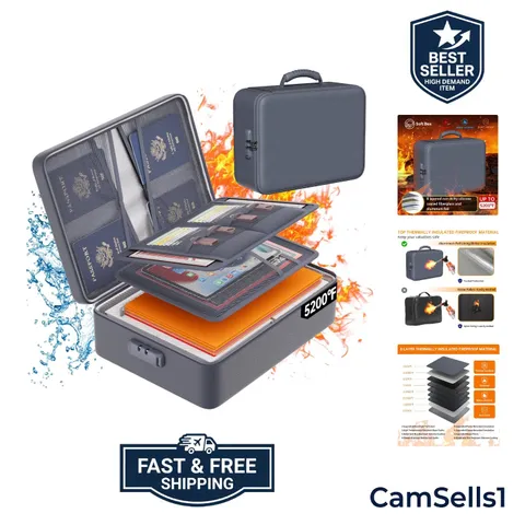 5200°F Fireproof Document Organizer with Lock - Water-Resistant Gray Soft Case