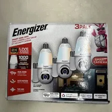 Energizer 5 GHz 2K Pan & Tilt Camera w/ multi-white 1000 Lumen Lightbulb. 3 Pack
