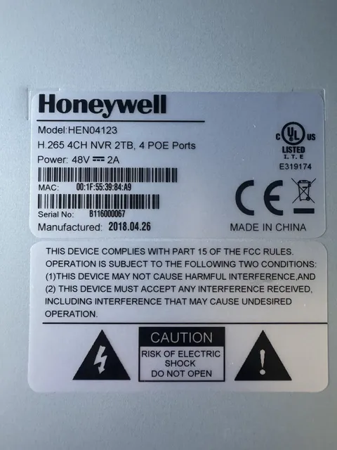 Honeywell HEN04123 4-Channel 4K H.265 PoE NVR, 2TB Indoor Network Recorder
