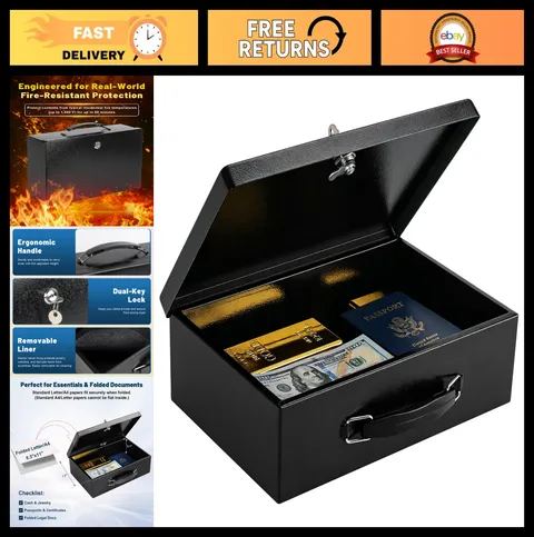 Fireproof Document Box with Key Lock - Small Safe for Jewelry, Cash, Passport -