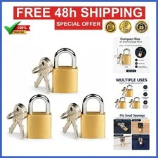 ATB 3 Pc Small Brass Padlock Set with Key for Luggage & Jewelry