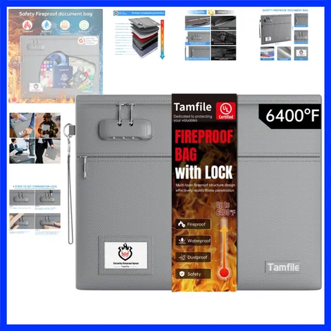 6400℉ Fireproof Document Bag with Lock, 15 x 12 inch Fireproof Money Bag 2 po...