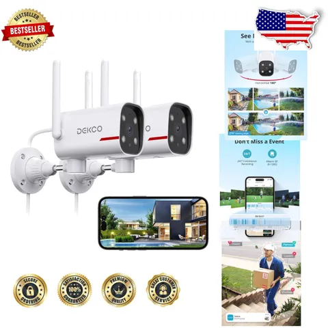 Outdoor WiFi Security Cameras 2-Pack, 2K Color Night Vision, 180° Pan, AI Hum...