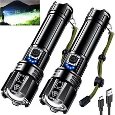 2 Pack Rechargeable LED Flashlight High Lumens Tactical Zoomable Waterproof USB-