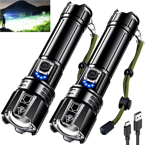 2 Pack Rechargeable LED Flashlight High Lumens Tactical Zoomable Waterproof USB-