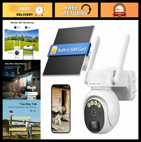 4G LTE Outdoor Security Camera, 360° PTZ, Solar Powered, 2K HD, PIR Motion, 2-Wa