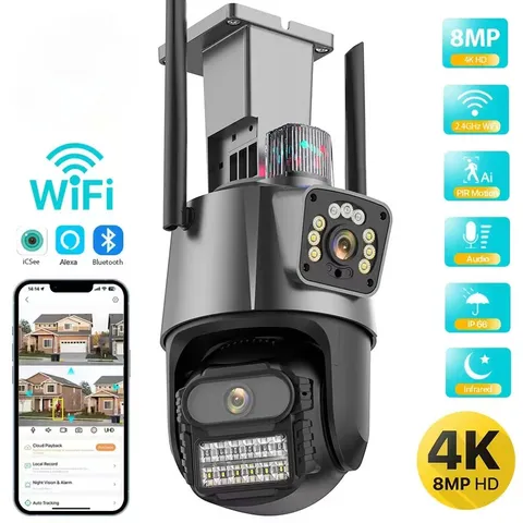 ICSee Dual Lens WiFi IP Camera Wireless Outdoor CCTV PTZ Home Security IR Cam